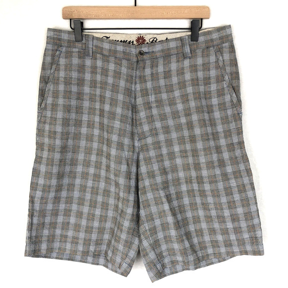 TOMMY BAHAMA Shorts Men's 34 Blue Plaid Linen Silk Paradise Nation Beach Resort - Picture 1 of 9